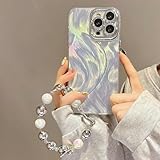 aaknhen Glitter Phone Case for iPhone 14 Pro Max,Cute Shiny Diamonds Camera Lens Pearly-Lustre Shell Pattern Aesthetic Trendy Cover+Wrist Strap Bracelet Chain(Holographic,iPhone 14 Pro Max)