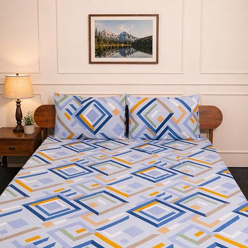 Image of Amazon Brand - Umi Cotton Fitted Bedsheet, Queen Size 78x60 Inches, Elastic Fit Bed Sheet, 10 Inch Deep Pocket, Soft Breathable Bedding, Durable Easy Care, with Pillow Cover-Prism Path