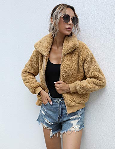 Akewei Women's Casual Lapel Fleece Shearling Jacket Cropped Teddy Bear Jacket Zipper Faux Fur Coat #TOP1