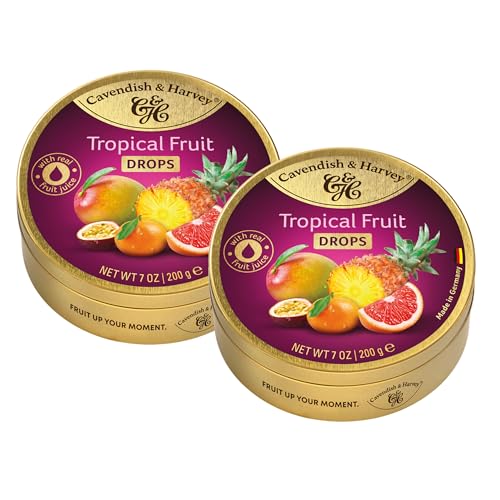 Cavendish & Harvey Tropical Fruit Drops 200g Dose im 2er Pack | Mango Grapefruit Maracuja Kalamansi Ananas | Mit echtem natürlichen Fruchtsaft | Vegan Halal Koscher | 2 x 200g