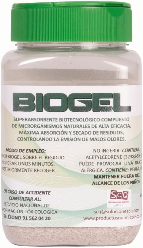 Absorbente de liquidos sustitutivo serrin para recogida de vómitos solidificador de fluidos como orina sangre absorbe y neutraliza los olores BIOGEL 1X350g