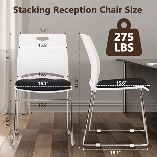 Image of CLATINA Stacking Home Office Guest Chair, Reception Stackable Chairs with Metal Sled Base, Conference Lobby Waiting Training School Kitchen Banquet Chair, Plastic Desk Chairs No Wheels, White, 4 Pack