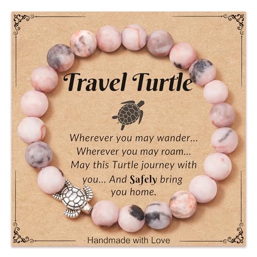Turtle Gifts for Women - Pink Zebra/Turquoise Stone Turtle Charm Bracelet