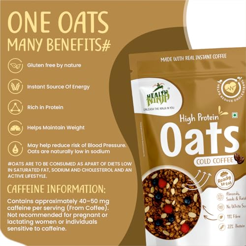 Image of Health Ninja High Protein Cold Coffee Oats | Cold Coffee Oats | 22% Protein, 11% Fibre | No White Sugar | Healthy Breakfast Oats