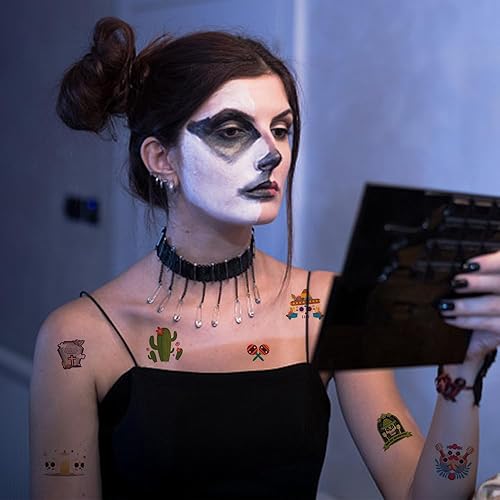 Miniatura 4 de 10 hojas de tatuajes temporales del Día de los Muertos Dia de los Muertos, calcomanías temporales de tatuajes de cactus, guitarra, calavera,