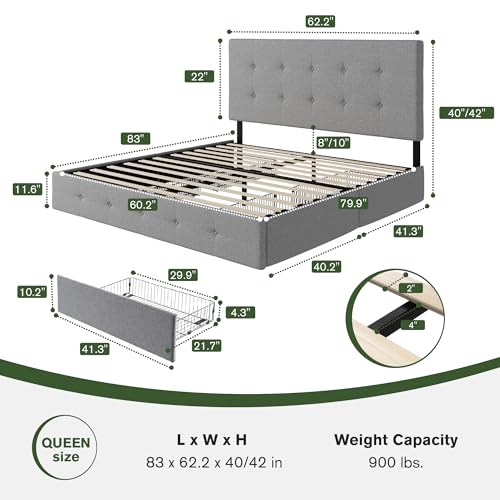 MULTICOR Light Grey Upholstered Queen Platform Bed 4 Storage Drawers Square-Stitched Headboard Easy Assembly
