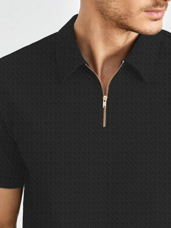 Image of KAJARU Men's Polyster Blend Regular Fit T-Shirt with Half Sleeve Chain Polo Collar V-Neck Standard Length and Classic Style