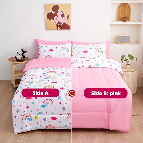 Image of Cartoon Bedding Set - Super Soft Microfiber Twin Size 5 Piece Pink Rainbow Butterfly Bed in a Bag, Comforter Set with Sheets, Pillowcase & Sham for Girls (5 Piece Twin Size)