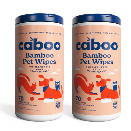 Caboo Tree Free Pet Wipes for Dogs & Cats, Natural, Deodorizing, Hypoallergenic Cleaning Wipes for Eyes, Ears, Paws, & Face (Unscented, 2 Canisters, Total of 140 Jumbo Wipe)