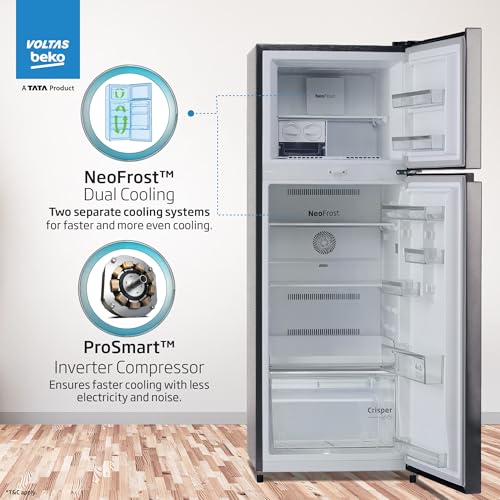Image of Voltas Beko, A Tata Product 283 L, 2-Star Double Door Frost Free ProSmart Inverter Refrigerator with NeoFrost Dual Cooling Technology (RFF334C / 2WPV100RXID, Hairline Silver)