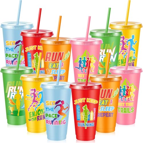 Chuangdi 12 Pcs Cross Country Party Plastic Cups with Lids and Straws 24 oz