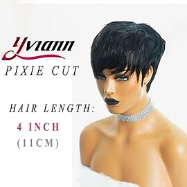 Yviann Human Hair Short Wigs Pixie Cut Wigs with Bangs Short Black Layered Wavy Wigs for Women 1B Color