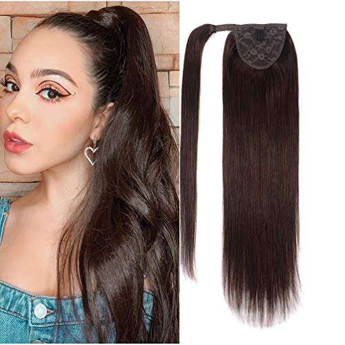 14 Human Hair Ponytail Extensions 80g #2 Dark Brown 100% Remy Human Hair Wrap Around Long Ponytail Clip in Hair Extensions Straight One Piece Hairpiece (14 , Dark Brown)