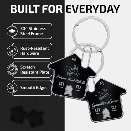Image of Couple Keychain Set with Name & House Engraving - Custom Keychains for Him & Her | Personalized Name Tag Key Chain Pair, Matching Couple Key Tags, Customized Home Keyring Set | Gift Box Included