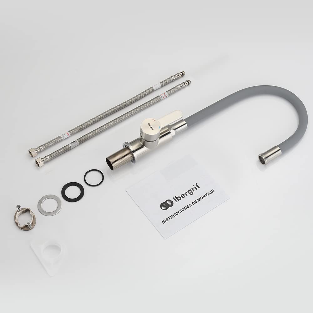 Ibergrif M22119-9 Grifo de Cocina Gris con Caño Flexible Universal, Grifería para Fregadero, Acero Inoxidable Cepillado, Gris, 3/8"