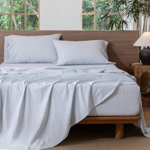 Image of MooMee Striped Sheet Set 100% Washed Cotton Linen Like King | Relaxed Linen-like Texture. Soft, Breathable & Lightweight Comfort. 15-19 inch Extra Deep Pocket with All-around Elastic
