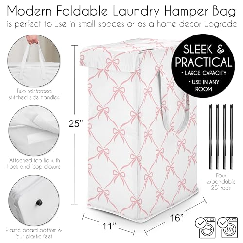 Image of Sweet Jojo Designs Laundry Hamper (Pink Bows) for Girls, Foldable Dirty Clothes Basket with Handles for Baby Nursery, Kids Bedroom, Teen Bathroom (Elegant Bow for Ballerina Dancer, Ballet Collection)