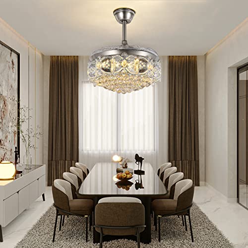 Fine Maker 42" Modern Crystal Ceiling Fan With Light Remote Control Silver Chandelier Fan 3 Colors Led Light 3 Speeds Air Circulation Retractable Fandelier For Dinning Room Bedroom #TOP5