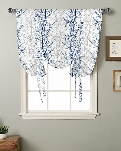 Yukro Tie Up Curtains Window Shades, Navy Blue Grey Tree Branch Rod Pocket Tie Up Window Shade, Adjustable Balloon Curtain Shade for Blinds Kitchen Bathroom, 1 Panel, 34
