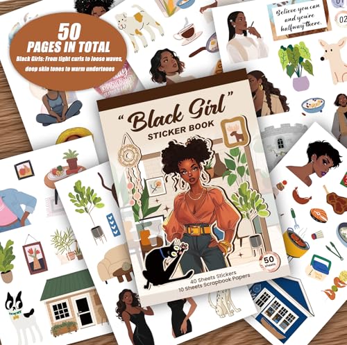 Image of Black Girl Sticker Book, 50 Sheets for Journals and Planners | 40 sticker sheets plus 10 scrapbook papers with Black girl artwork for journals, planners, vision boards and DIY crafts