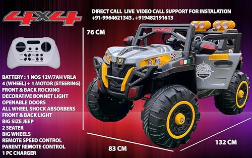 Image of Driving EV Cars for 1, 2, 3, 4, 5, 6 Years | Remote + Steering + Mobile App Control | Kids Jeeps (Jumbo Size KAB2188 [1-8 Year Kids], Silver /Yellow)