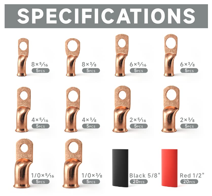 IWISS Copper Battery Lugs Assortment Cable Lugs for AWG 8, 6, 4, 2, 1/0 w/Heat Shrink Tubes -90PCS
