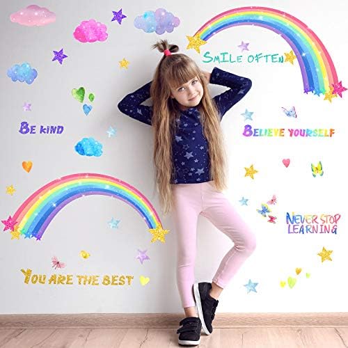 3 Sheets Rainbow Wall Decals for Girls Room, Colorful Rainbow Butterflies Clouds Star Heart Wall Sticker Inspirational Wall Decal for Girls Kids Bedroom Nursery Christmas Birthday Party Decoration