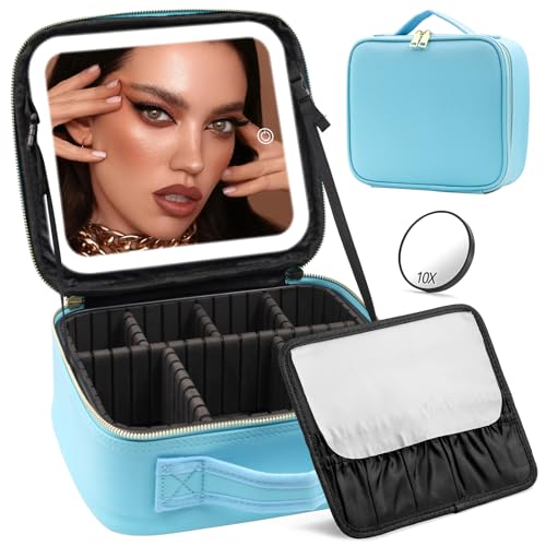JADAZROR Trousse de Maquillage avec Miroir et Lumière, Trousse de Maquillage de Voyage 3 Couleurs LED Organisateur de Maquillage, Trousse de Maquillage...