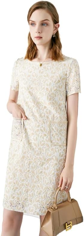 Women’s Floral Lace Dress Short Sleeve Straight-Cut Casual Knee-Length Dress