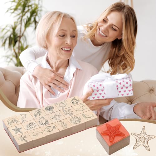 MotiMind 18 Pcs Sea Life Wood Stamps Set Wooden Rubber Holiday Stamps for Card Making Decoration and Scrapbooking Supplies - Thumbnail 6