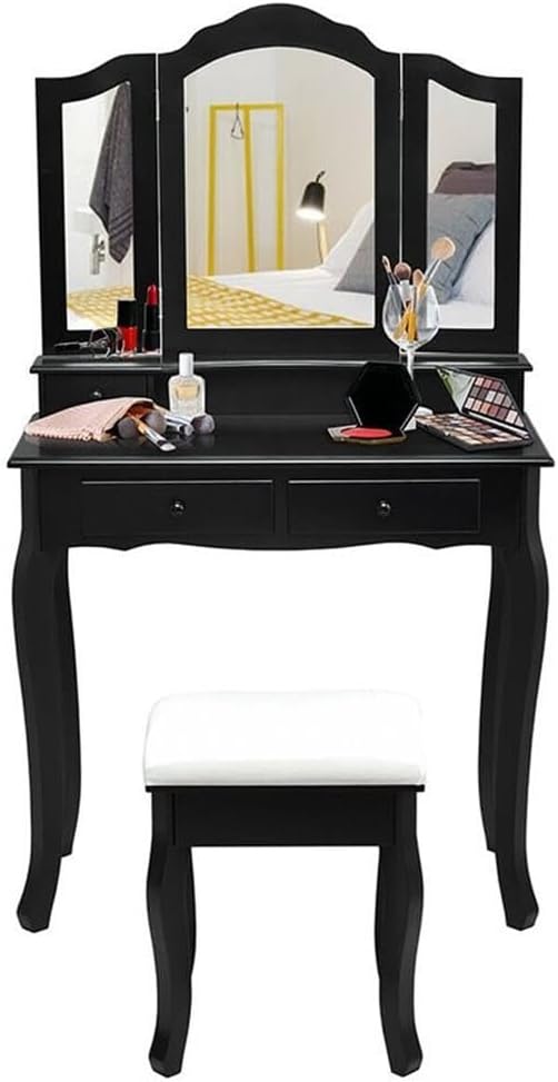 Pemberly Row Black MDF Makeup Vanity Desk Set, 4 Drawers, Tri-Fold Mirror, Comfortable Stool, Durable Construction, 31.5" L x 16" W x 54" H, Compact Bedroom Vanity for Grooming and Storage