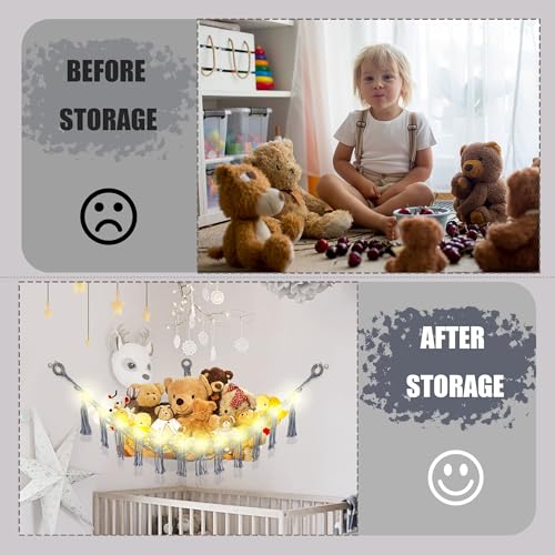 Image of CERETIA Stuffed Animal Hammock with LED Light, Large Stuffed Animals Storage Corner Plushie Net for Kids Room Decor, 2 Packs Grey
