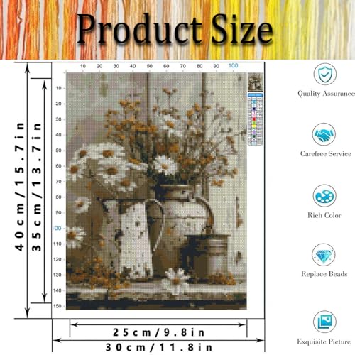 Image of Retro Daisy Stamped Cross Stitch Kits for Adults - Flower Embroidery Kits for Beginners Adults,11 CT Patterns Dimensions Counted Cross Stitch Kits for Adults Arts Craft 12x16 inch
