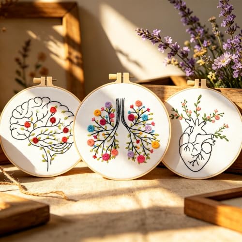 Image of Armindou Flowers Embroidery Kits for Beginners Adults, Hand Embroidery Set Needlepoint Kits, Floral Stamped Cross Stitch Kits for Beginners Adults, 3 Embroidery Hoops, Fabric (Attached Video Tutorial)