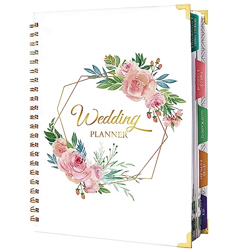 Wedding Planner & Organizer - Wedding Planner Book and Organizer for the Bride, 9.5" x 11.9" Diary Engagement Gift Book, Hardcover + Metal Corner + 5 Inner Pockets + Sticker + Elastic Closure - Flower