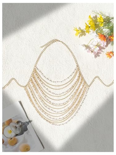 WDIRARA Women's Pearl Beaded Chain Halter Top Sleeveless Backless Bikini Cover Up Tops2