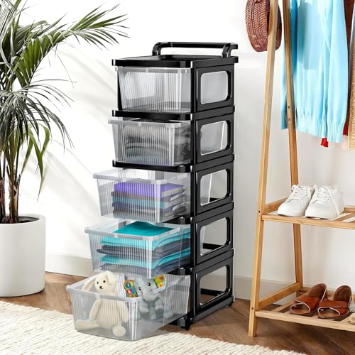 Image of TEKCOOL Plastic Drawer Organizer Self Standard Rectangular Multi Purpose Modular Drawer System Large Chest of Drawer Organizer for Home Office,Product Dimension When assembeled (5xl, Transparent hex);