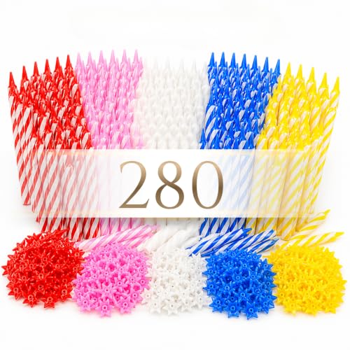 Image of Cwise 280-Count Birthday Candles Bulk Pack with Holders - Spiral Cake & Cupcake Candles - Multicolor Slim Party Candles - Colorful Cake Decorations