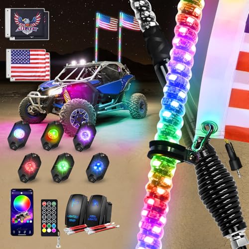 Image of Nilight 2PCS 4FT RGB LED Whip Light with Spring Base and 6 PCS Rock Lights Combo, Remote App Control w /DIY Chasing Patterns Turn Signal Brake Reverse Antenna Lighted Whips for ATV UTV Polaris RZR Jeep