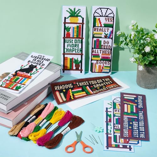 Image of ACRNIGHEET 6PCS Cross Stitch Bookmark Kits Bookshelves Words Pattern Counted Cross Stitch Kits for Beginners Adults DIY Stamped Embroidery Bookmarks with Instructions Hand Embroidery Craft Gift