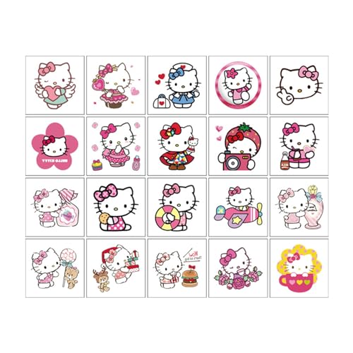 20 Sheets Kawaii Hellokitty Temporary Tattoos for Kids, Sanrio Birthday Party Favors, Cute Cartoon Decoration Sticker Gifts for Girl Boys Home Activity Class Prizes Carnival Christmas Rewards