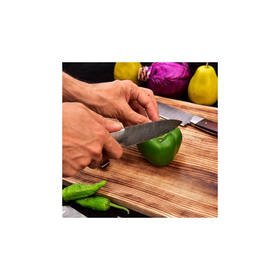 HM-(Brown) Custom Made Damascus Steel #6 Pcs of Professional Utility Kitchen knives Set Comes with Sweet Leather Roll Kit (3712)