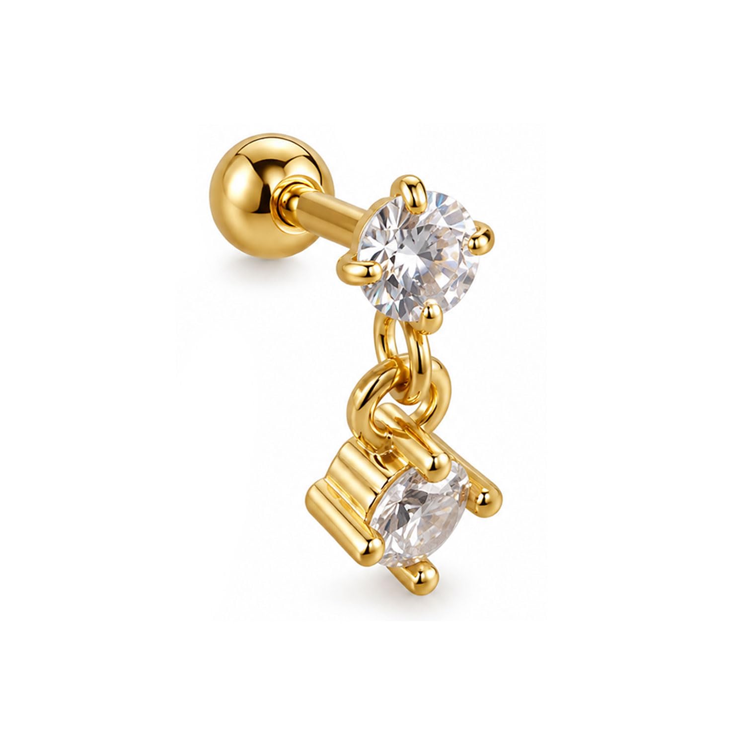FASHIONS 1 Pcs 18K Gold Plated Stainless Steel Anti Tarnish Double CZ Stone Drop Dangle Tragus Earring Cartilage Helix Barbell Pierced Piercing Single Stud Ball Back Upper Ear Jewellery for Women & Girls-image-45