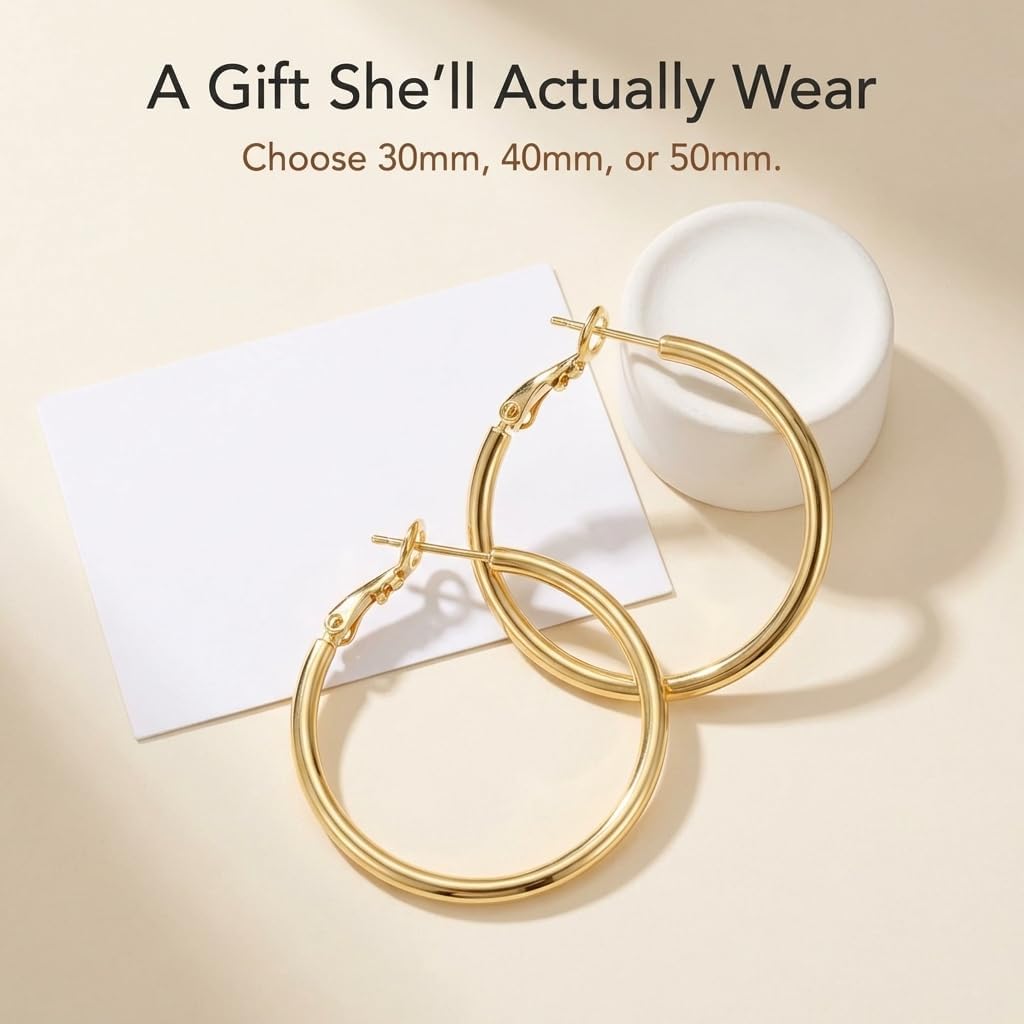 14K Yellow Gold Hoop Earrings for Women Thin Gold Hoops Hypoallergenic Lightweight Large Hoops Earring for Woman 2MMx30/40/50/60MM