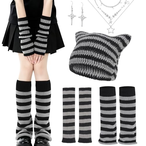 Zhamate Y2K Striped Crochet Beanie Hats Set Cat Beanie Accessories