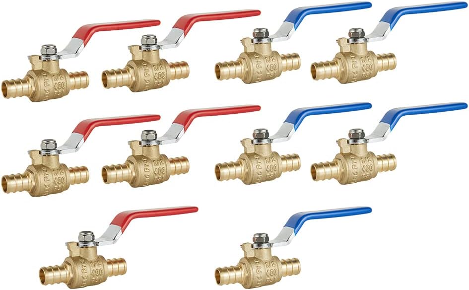 12-Pack 1/2" PEX Brass Ball Valve, Barb Crimp Pex Connection, Full Port Water Stop Shut-off Valve, Red (Hot) and Blue (Cold) Levels, (12)