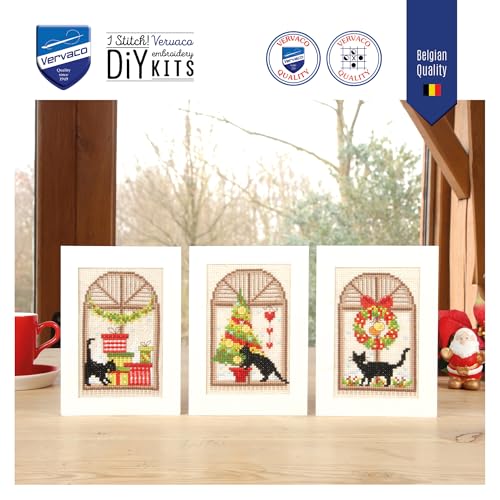 Image of Vervaco Counted Cross Stitch Christmas Cards Kit Set of 3 Festive Feline Holiday Embroidery Kit for Beginners ca. 10,5 x 15 cm DIY Stationairy Set Gift for Crafters