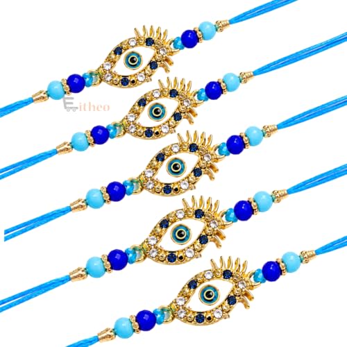 Image of EITHEO Evil Eye Rakhi for Brother, Handmade Raksha Bandhan Sacred Thread with Blue Beads, Gold Tone Charm, Roli Chawal, Chandan & Mishri (Pack of 5)