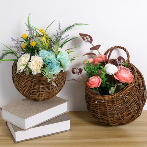 Image of DOITOOL 2PCS Woven Hanging Wall Basket Rattan Wall Planter, Wicker Handmade Baskets Rustic Flower Pots Plant Containers for Garden Home Storage Flowers Hanging Planters