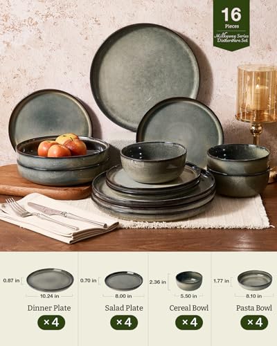 Image of Famiware Milkyway Stoneware Dinnerware Set, 16-Piece, Including Pasta Bowl, Double Reactive Glaze, Plates and Bowls, Service for 4, Microwave and Dishwasher Safe, Scratch-Resistant, Greenish Brown